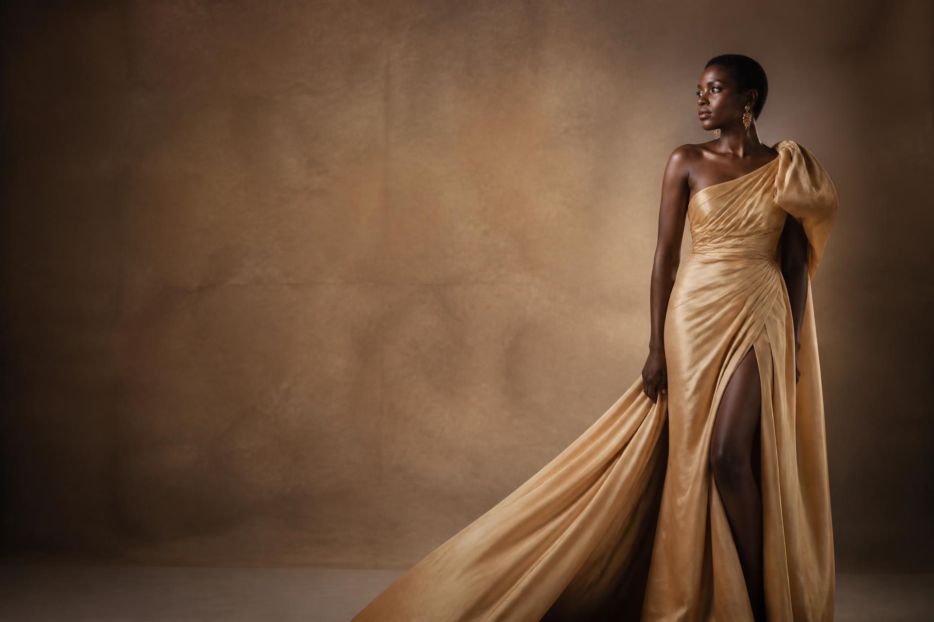 Model wearing an elegant champagne-gold couture gown by Junuve Fashion World